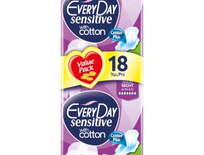 Every Day Sensitive Maxi Night Ultra Plus Value Pack Πολύ Λεπτές Σερβιέτες με Βαμβακερό Κάλυμμα,Ιδανικές για τη Νύχτα 18 Τεμάχια